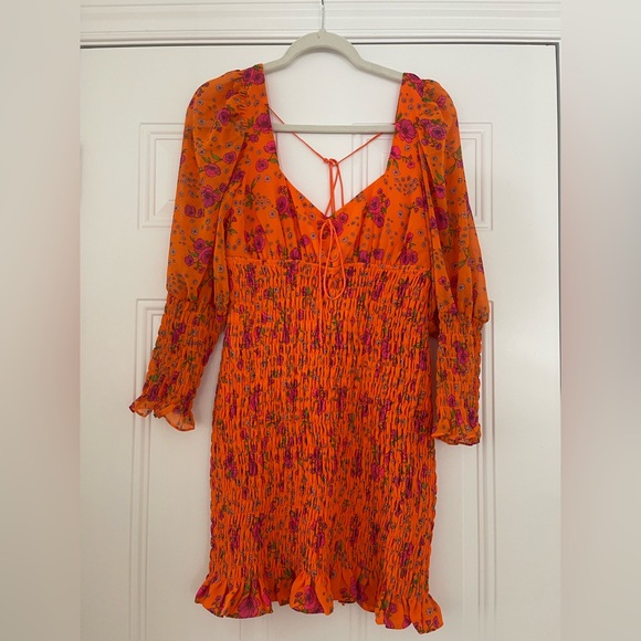 For Love & Lemons Peony Smocked mini dress Large orange floral - Picture 5 of 16